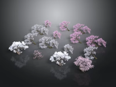 Multiple Pink and White Trees Arranged on Dark Background With Reflective Surfaces 3d model