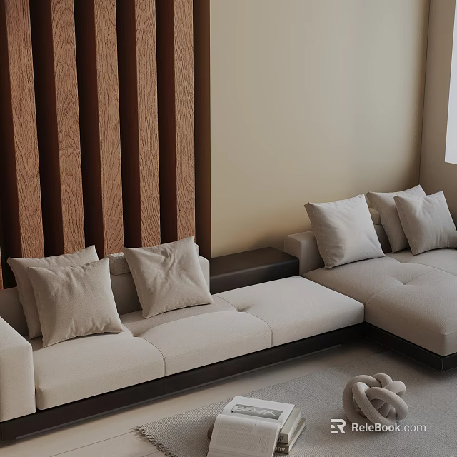 Comfortable Three Seater Sofa With Soft Beige Cushions And Wooden Accent Wall In Living Room 3d model 