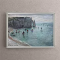 Scenic Landscape Painting of Beach with Sandy Shore Boats People Calm Sea and Sky