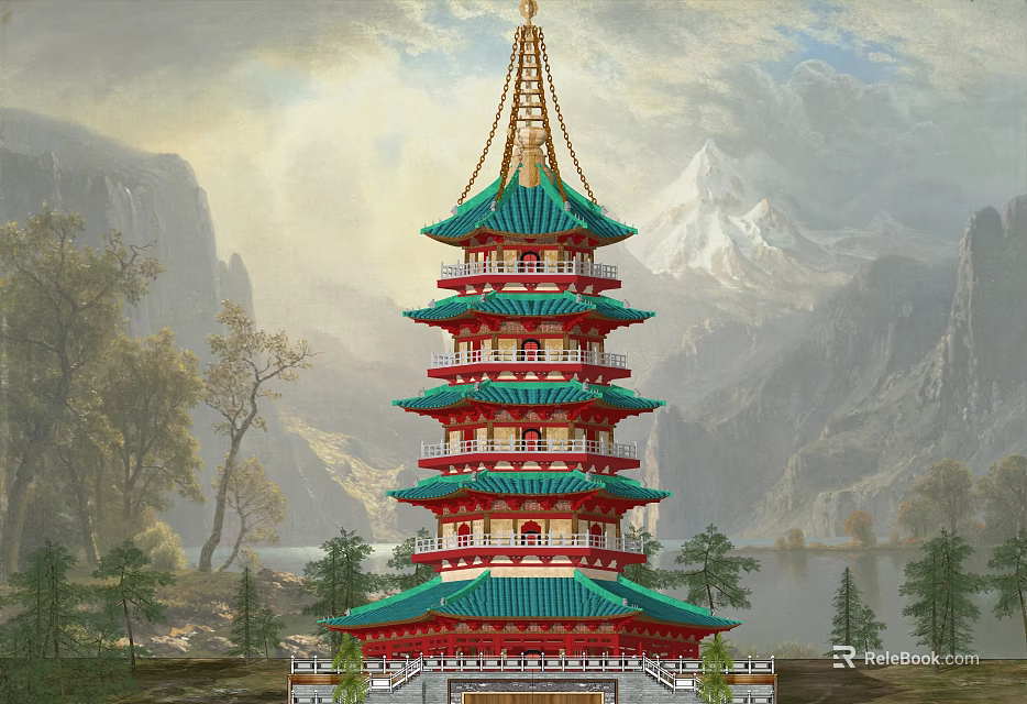 Traditional Ancient Chinese Pagoda With Green Roof Red Body And Mountain Lake View 3d model 