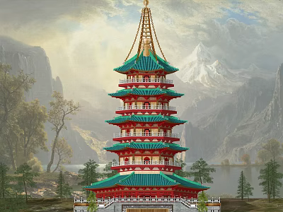Traditional Ancient Chinese Pagoda With Green Roof Red Body And Mountain Lake View 3d model