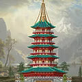 Traditional Ancient Chinese Pagoda With Green Roof Red Body And Mountain Lake View