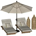 Comfortable Lounge Chairs With Wooden Frames Striped Cushions White Umbrella And Woven Vases