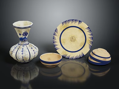 Blue And White Ceramic Household Items With Floral Patterns Including Vase Plate And Bowls 3d model