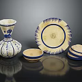 Blue And White Ceramic Household Items With Floral Patterns Including Vase Plate And Bowls