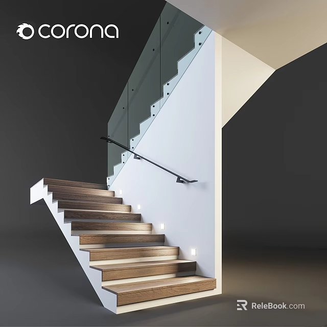 Modern Staircase With Wooden Steps Glass Railing And Black Handrail Design 3d model 