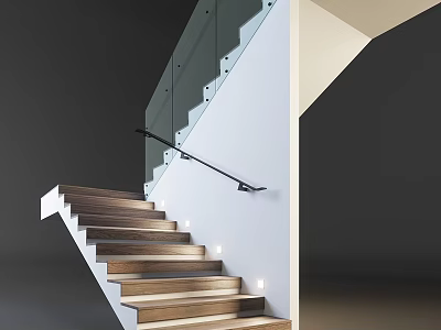 Modern Staircase With Wooden Steps Glass Railing And Black Handrail Design 3d model