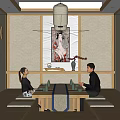Traditional Japanese Tatami Private Room With Two People Tea Set Decorative Painting And Lantern