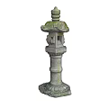 Traditional Japanese Style Outdoor Stone Lantern With Moss Covered Top And Lotus Base