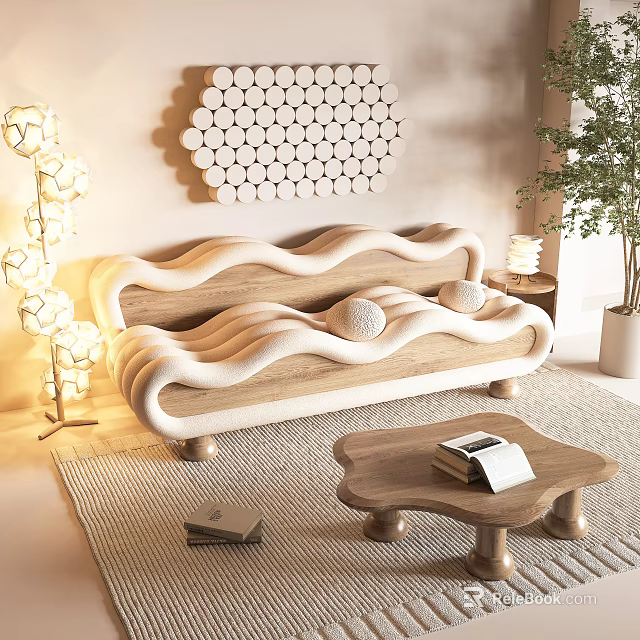 Modern Multi Seater Sofa With Wavy Design Wooden Coffee Table Floor Lamp And Honeycomb Art 3d model 