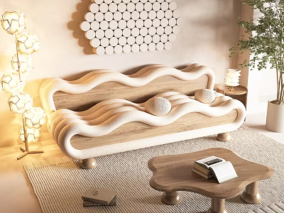 Modern Multi Seater Sofa With Wavy Design Wooden Coffee Table Floor Lamp And Honeycomb Art 3d model