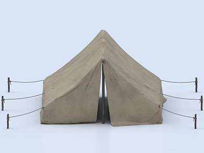 Beige Triangular Top Tent With Ropes And Wooden Stakes For Camping Use 3d model