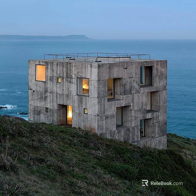 Seaside Detached Villa on Hillside with Concrete Exterior Square Windows and Illuminated Ocean View 3d model 