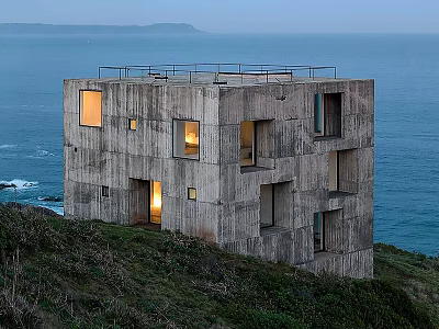 Seaside Detached Villa on Hillside with Concrete Exterior Square Windows and Illuminated Ocean View 3d model