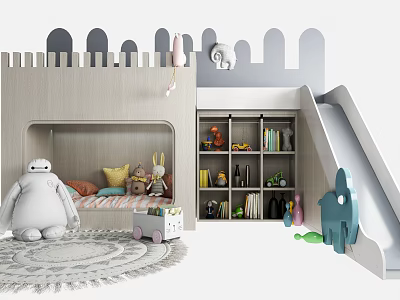 Castle Shaped Bunk Bed in Kids Room with Slide Bookshelf Stuffed Toys and Soft Rug 3d model