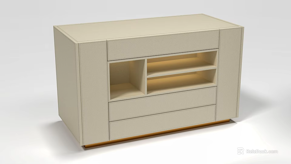 Modern Beige Island Cabinet With Open Shelves Drawers And Gold Base 3d model 