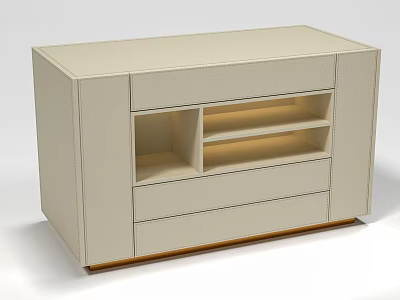 Modern Beige Island Cabinet With Open Shelves Drawers And Gold Base 3d model