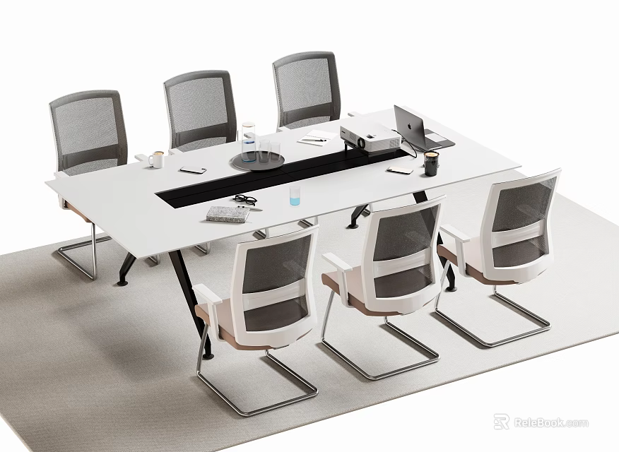 Modern Conference Table Design With Gray Mesh Back Chairs Laptop And Cups 3d model