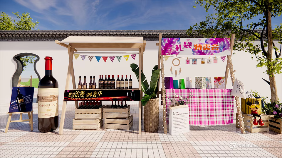 Vibrant Commercial Street With Outdoor Wine Stalls Colorful Banners Handicrafts And Flower Accessories 3d model 