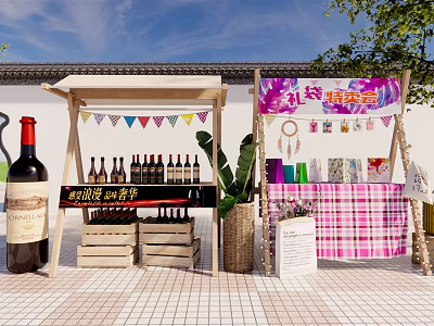 Vibrant Commercial Street With Outdoor Wine Stalls Colorful Banners Handicrafts And Flower Accessories 3d model