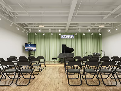 Spacious Conference Room With Folding Chairs Wooden Floor Green Curtains TV Screen And Black Piano 3d model