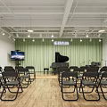 Spacious Conference Room With Folding Chairs Wooden Floor Green Curtains TV Screen And Black Piano