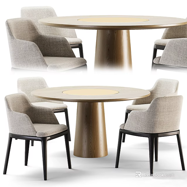 Round Wooden Dining Table Set With Upholstered Light Gray Chairs And Black Legs 3d model 