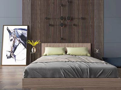 Bed with Gray Bedspread Green Pillows Wooden Wall Background Black Circular Decor and Horse Painting 3d model