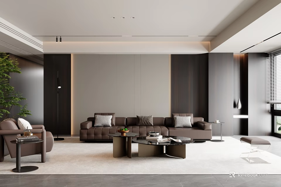 Modern Living Room With Brown Sofa And Coffee Table Set Featuring Wooden Design 3d model 