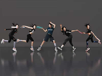 Women Dancing In Athletic Wear With Dynamic Movements Against Gray Background And Shiny Floor 3d model