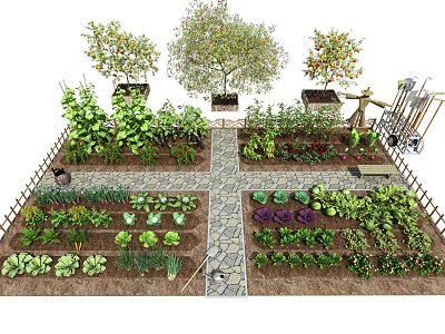 Rural Countryside Garden Landscape With Vegetable Beds Stone Pathway And Fruit Trees 3d model
