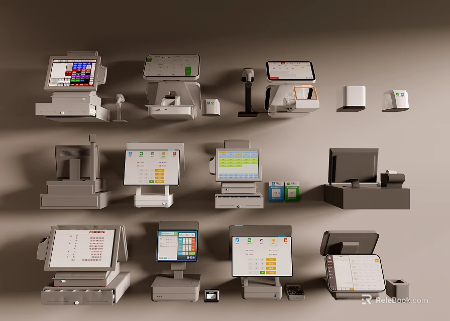 Various Cash Register Devices Displayed Together 3d model 