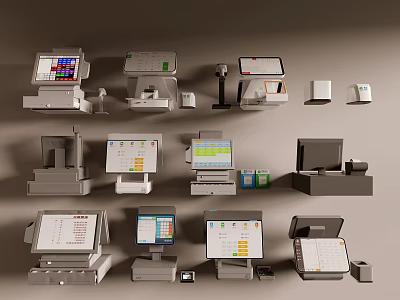 Various Cash Register Devices Displayed Together 3d model
