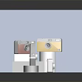 Vintage Digital Cameras With Colorful Designs Displayed On Blue Platform Stand