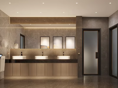 Modern Public Restroom Interior Design With Marble Walls Framed Mirrors And Three Washbasins 3d model