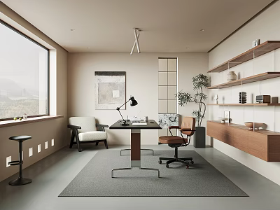 Modern Study Room With Large Window Wooden Desk Cozy Chair Wall Shelves And Green Plant 3d model