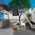 Modern Café Outdoor Courtyard With Large Tree Relaxing Seating And Bar Counter