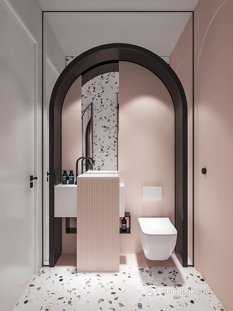 Modern Pink Bathroom With Arched Doorway Sink Toilet And Speckled Wall 3d model 