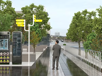Outdoor Commercial Information Kiosk with Digital Display on Urban Sidewalk Near Trees and Street Signage 3d model