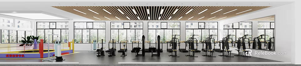 Modern Gym Interior With Various Fitness Equipment And Large Windows 3d model 