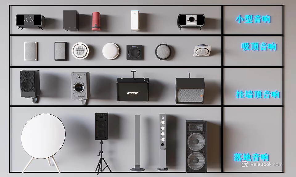 Various Types of Modern Speakers With Small Desktop Wall Mounted and Floor Standing Designs 3d model 