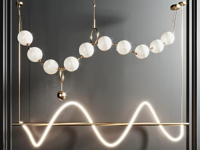 Modern Chandelier With White Spherical Design And Gold Wavy Neon Light 3d model