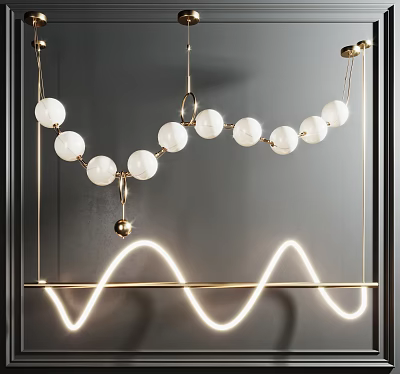 Modern Chandelier With White Spherical Design And Gold Wavy Neon Light 3d model