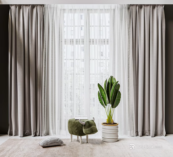 Gray Thick Curtains with White Sheer Layer at Window and Green Plant in Bright Interior 3d model 