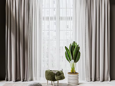 Gray Thick Curtains with White Sheer Layer at Window and Green Plant in Bright Interior 3d model