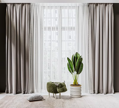 Gray Thick Curtains with White Sheer Layer at Window and Green Plant in Bright Interior 3d model