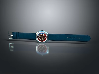 Stylish Blue Strap Watch with Red Black Dial and Silver Case Design 3d model