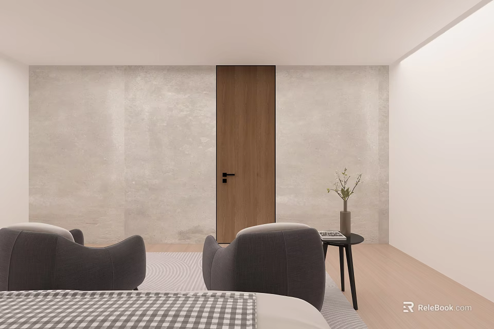 Wooden Hinged Door In Modern Minimalist Interior With Concrete Wall And Armchair 3d model 
