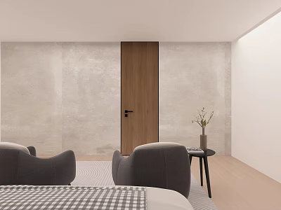 Wooden Hinged Door In Modern Minimalist Interior With Concrete Wall And Armchair 3d model