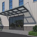 Glass Metal Frame Canopy Over Building Entrance With White Wall Blue Windows and Green Plants